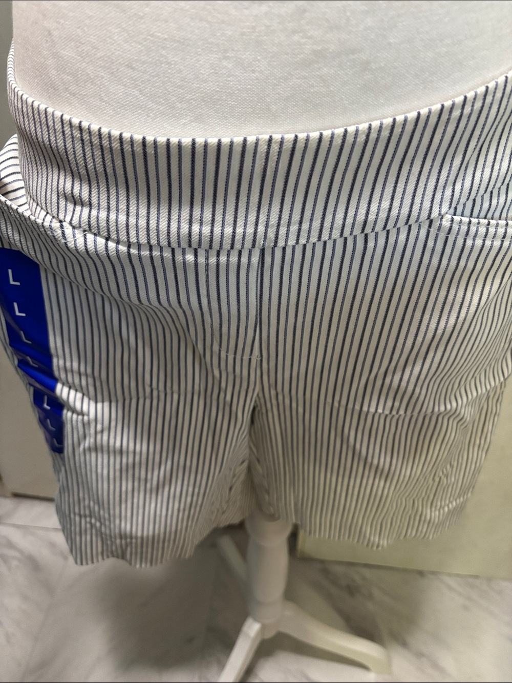 Hilary Radley White Shorts with Navy Pinstripes